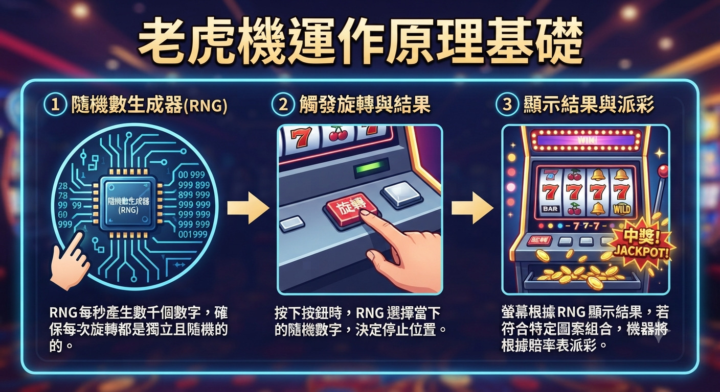 這張圖片展示了老虎機運作原理的基礎流程,由隨機數生成器(RNG)、觸發旋轉機制以及最終的結果顯示與派彩三個步驟組成。 圖像透過簡潔的圖解方式,說明了 RNG 如何確保每次遊戲結果的獨立性與隨機性,並最終決定玩家是否中獎。