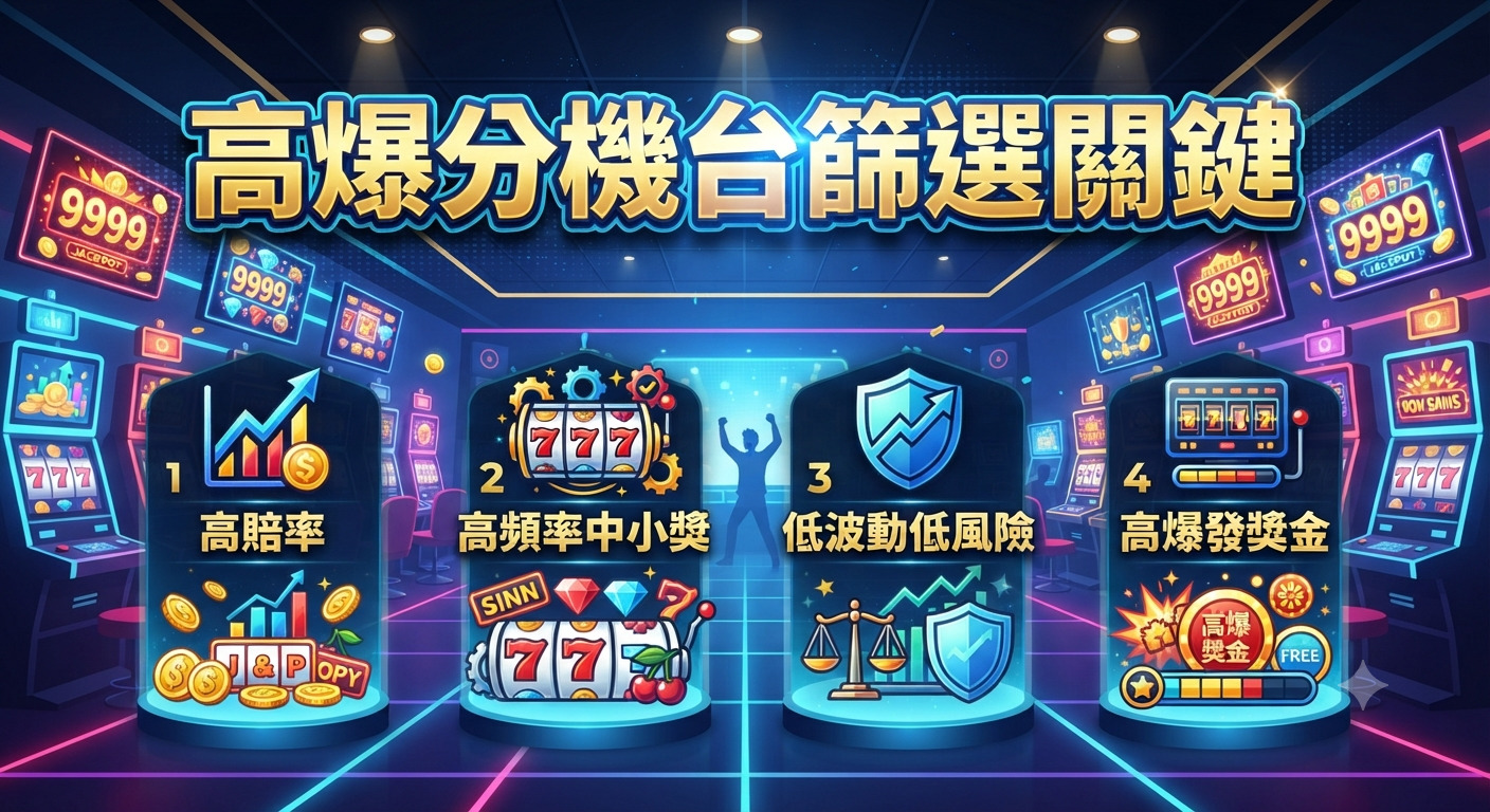 這張圖片以現代化的電子遊戲廳為背景,螢幕上方的標題清晰地寫著「高爆分機台篩選關鍵」。 畫面下方排列了四個重點項目,分別介紹了高賠率、高頻率中獎、低波動風險與高爆發獎金等挑選遊戲機台的核心要素。