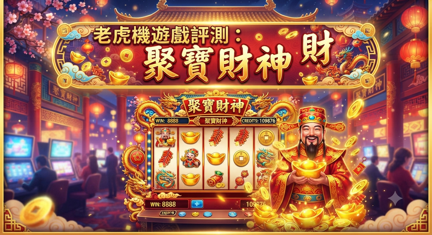 這張圖片展現了充滿東方色彩的「聚寶財神」老虎機遊戲場景,金碧輝煌的設計洋溢著喜慶與財富氣息。 財神爺手捧金元寶位於畫面中央,背景為華麗的賭場裝飾,精緻的圖標與鮮豔色彩完美呈現了遊戲的博弈氛圍。