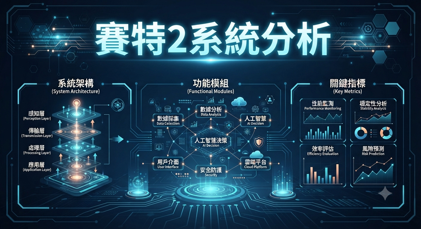 這是一張以「賽特2系統分析」為題的科技風格圖表。 圖中詳細展示了系統架構、功能模組與關鍵指標,運用藍色光譜設計呈現出高度專業的數據分析架構。