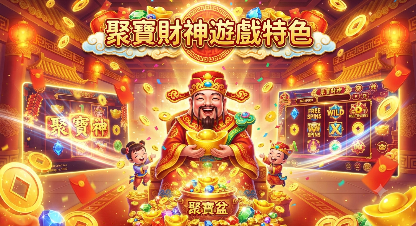這張圖片展現了充滿節慶氛圍的「聚寶財神」遊戲主題,畫面中央財神爺手捧金元寶,周圍環繞著遊戲機台元素、金幣與紅包,色彩華麗且吉祥。 整體設計採用喜氣洋洋的紅金色調,強調出財富聚集的遊戲特色,並透過可愛的人物與絢麗特效營造出歡樂的博弈娛樂體驗。