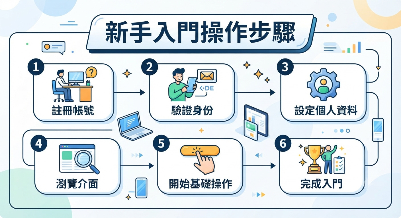 這是一張關於「新手入門操作步驟」的流程圖,採用簡潔明亮的扁平化插畫風格。 圖中以清晰的編號順序,展示了從註冊帳號到完成入門的六個關鍵步驟。