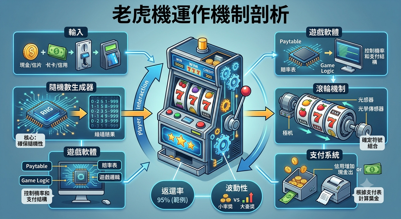這張圖表清晰地剖析了老虎機的運作機制,詳細呈現了從投入資金、隨機數生成器(RNG)決策到遊戲軟體控制與最終支付系統的完整流程。 圖像以中心的老虎機為核心,透過視覺化圖示與流程箭頭,深入淺出地解釋了「老虎機運作機制剖析」這一主題。