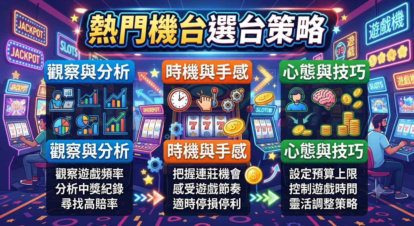 這張圖片以「熱門機台選台策略」為標題,展示了三種主要的遊戲策略分析視角。 畫面透過豐富的霓虹燈光與遊戲機台背景,呈現了數據觀察、節奏掌控及心理建設這三大核心要素。