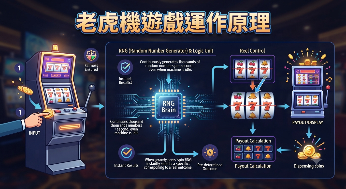 這張圖表清晰地展示了老虎機的運作原理,核心在於隨機數生成器(RNG)如何決定遊戲結果。 圖中描繪了從玩家按下按鈕、RNG 處理邏輯到顯示結果與派彩的完整自動化流程。