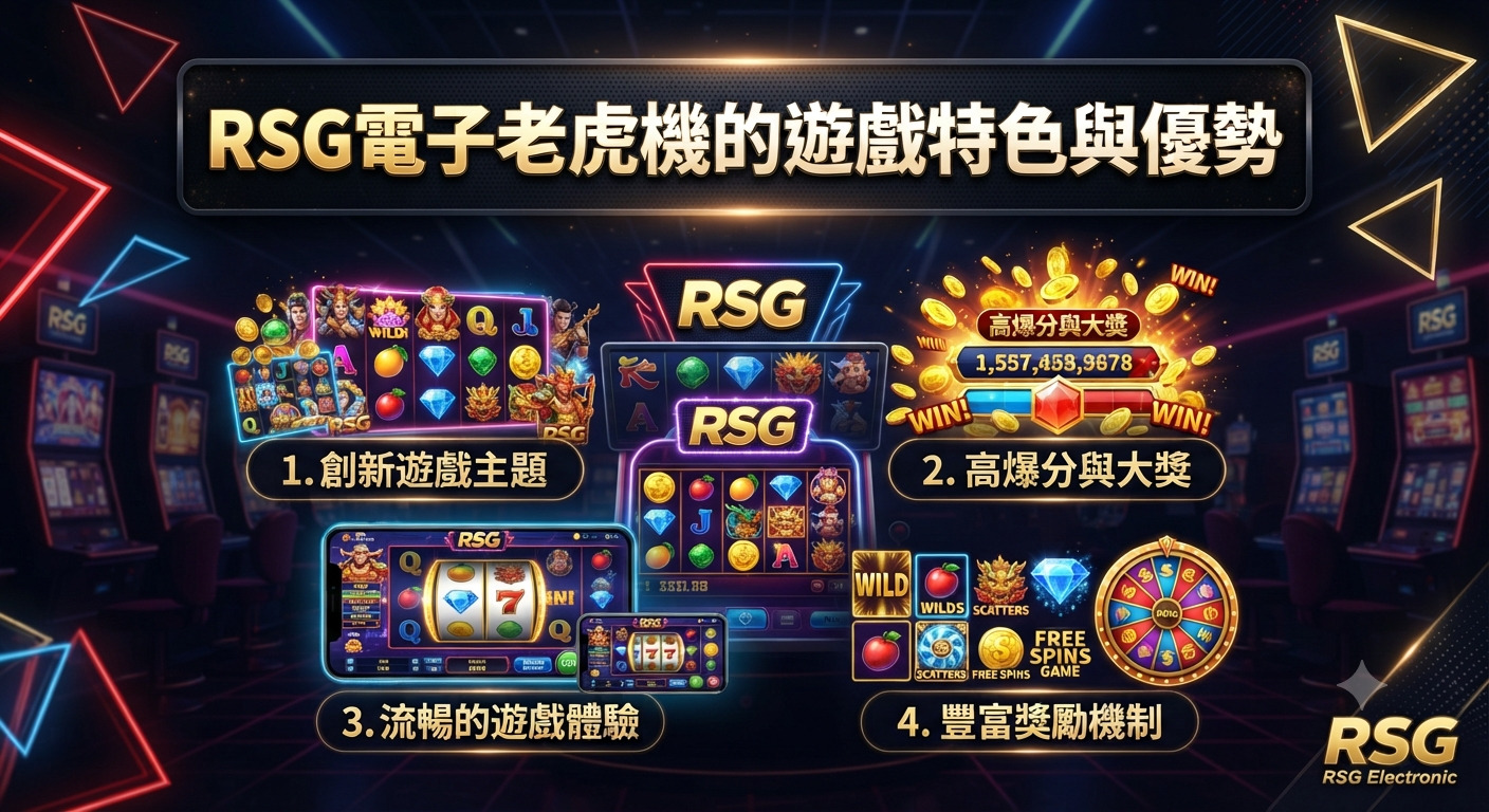 這張圖片展示了RSG電子老虎機遊戲的特色,背景為充滿科技感的賭場氛圍。 頂部標題清晰呈現,下方透過圖示與文字重點介紹了其創新主題、高爆分機制、流暢體驗及豐富獎勵。