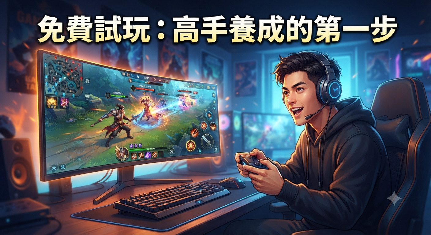 這張圖片描繪了一位年輕玩家正專注於玩一款戰鬥遊戲,螢幕上展示著激烈的競技畫面。 圖片頂部以醒目的字體標示了「免費試玩:高手養成的第一步」,營造出充滿電競氛圍的視覺效果。