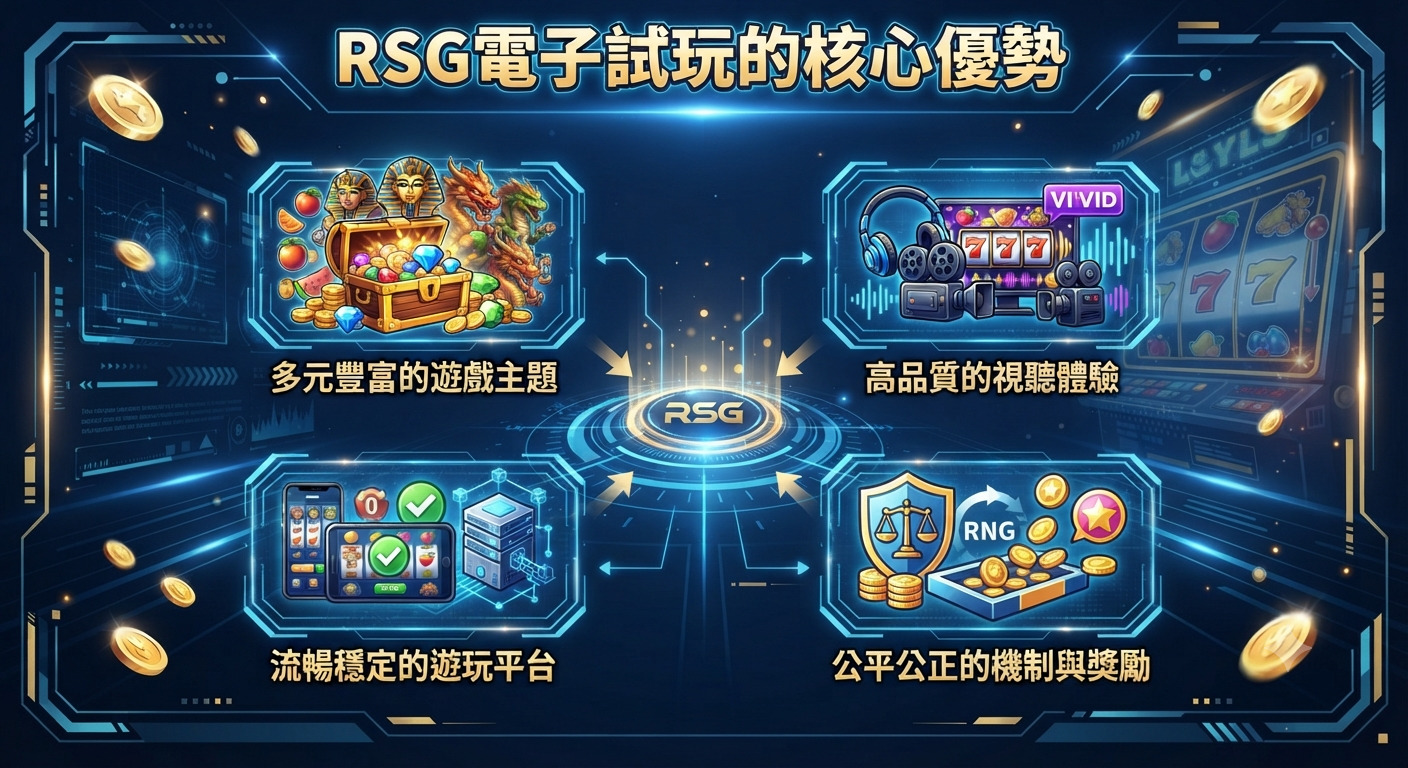 這張圖片以科技感十足的藍色調呈現,展示了「RSG電子試玩的核心優勢」作為主標題。 畫面中心整合了遊戲主題、視聽體驗、平台穩定性與公平機制四大重點,突顯其專業的遊戲設計與品牌特質。