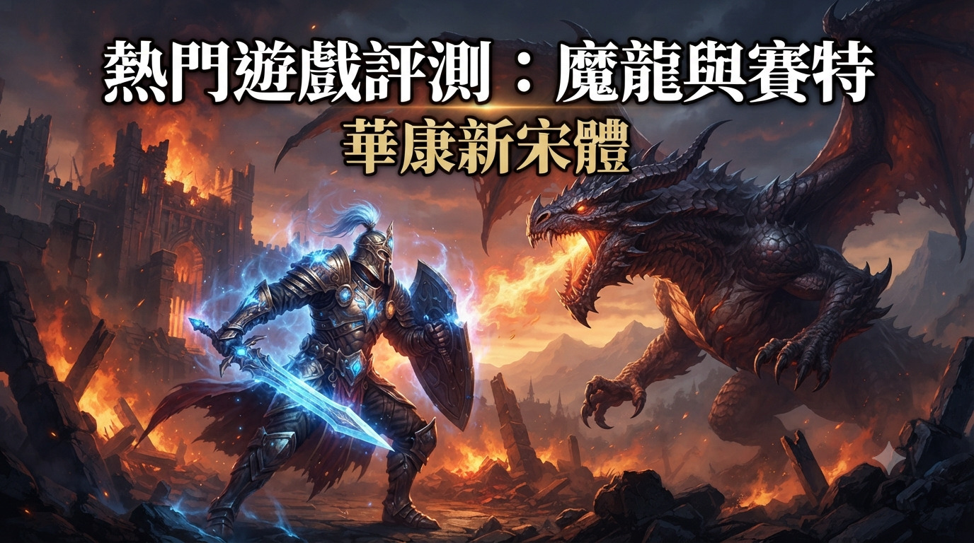 這是一張描繪奇幻風格戰鬥的畫面,展現了一位身披鎧甲的戰士正與噴火的黑色魔龍對峙,背景則是充滿火光的崩塌城堡。 畫面頂部呈現了「熱門遊戲評測:魔龍與賽特」的標題,整體設計強烈地傳達了冒險與史詩戰鬥的遊戲氛圍。