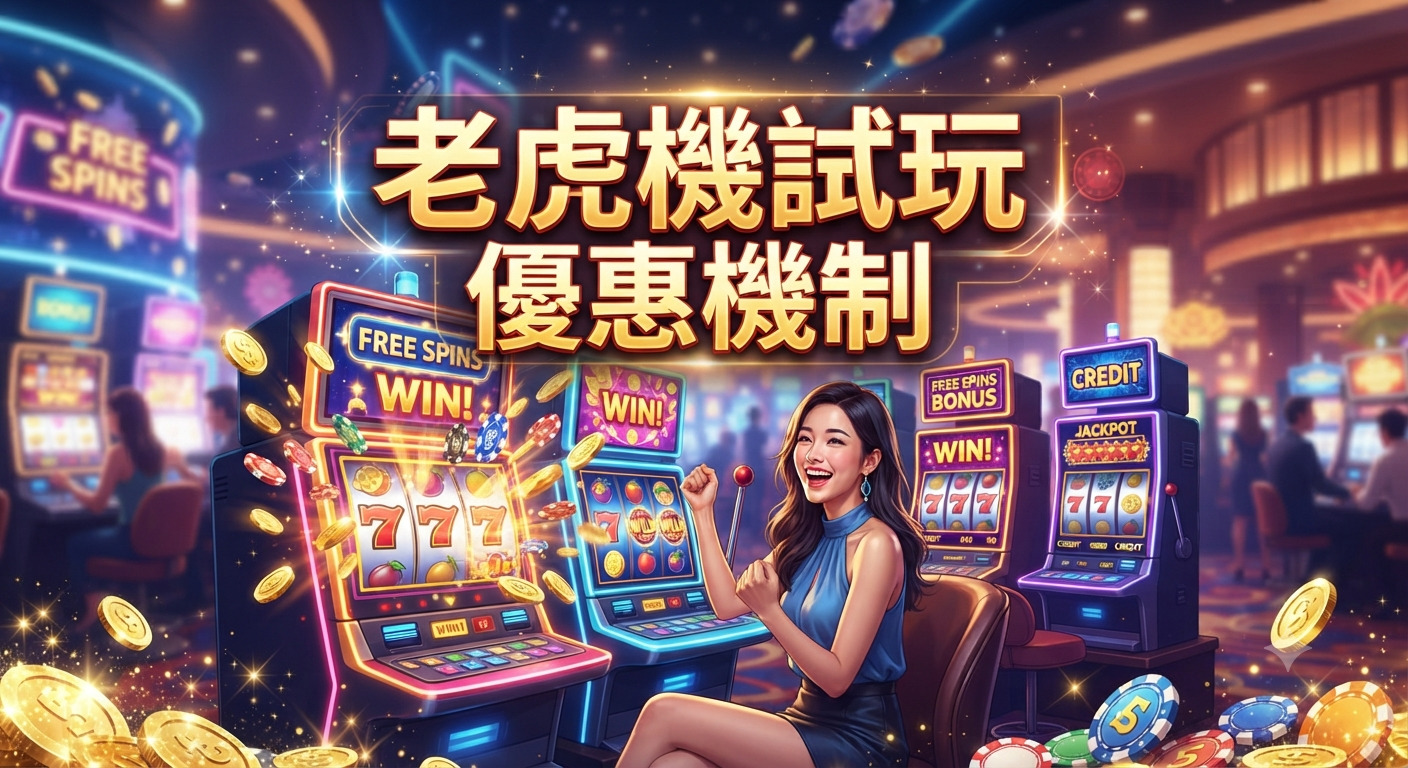這張圖片展示了一位在賭場中興奮慶祝中獎的女性,背景是霓虹燈閃爍的拉霸機。 標題「老虎機試玩優惠機制」以醒目的金色字體置於畫面中央,營造出充滿財富與娛樂的氛圍。