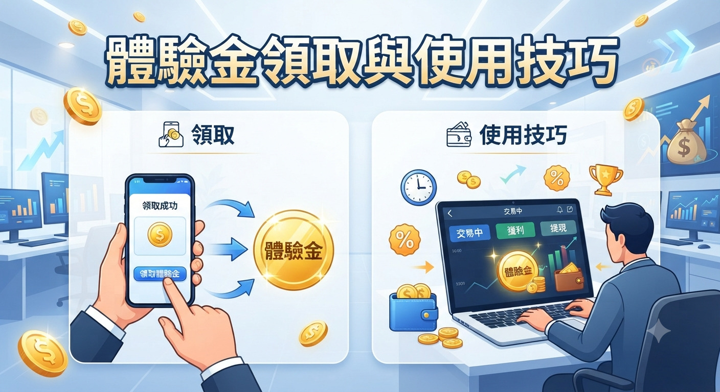 這是一張關於「體驗金領取與使用技巧」的教學圖,畫面分為左右兩側,左側展示手機領取體驗金的流程,右側則呈現電腦操作與使用技巧。 整體設計以商務辦公室為背景,搭配金色錢幣與交易圖表元素,清楚傳達了獲取獎金與提升操作效率的主題。