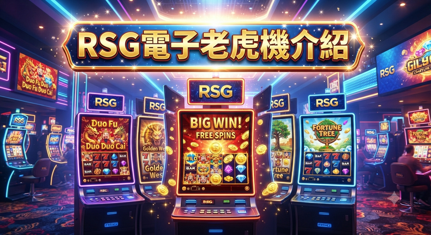 這是一張以「RSG電子老虎機介紹」為標題的賭場機台展示圖,呈現了多台發光且充滿動態視覺效果的電子老虎機。 畫面中色彩絢麗,並標註著「BIG WIN!」與「FREE SPINS」等字樣,營造出熱鬧且吸引人的遊戲體驗氛圍。