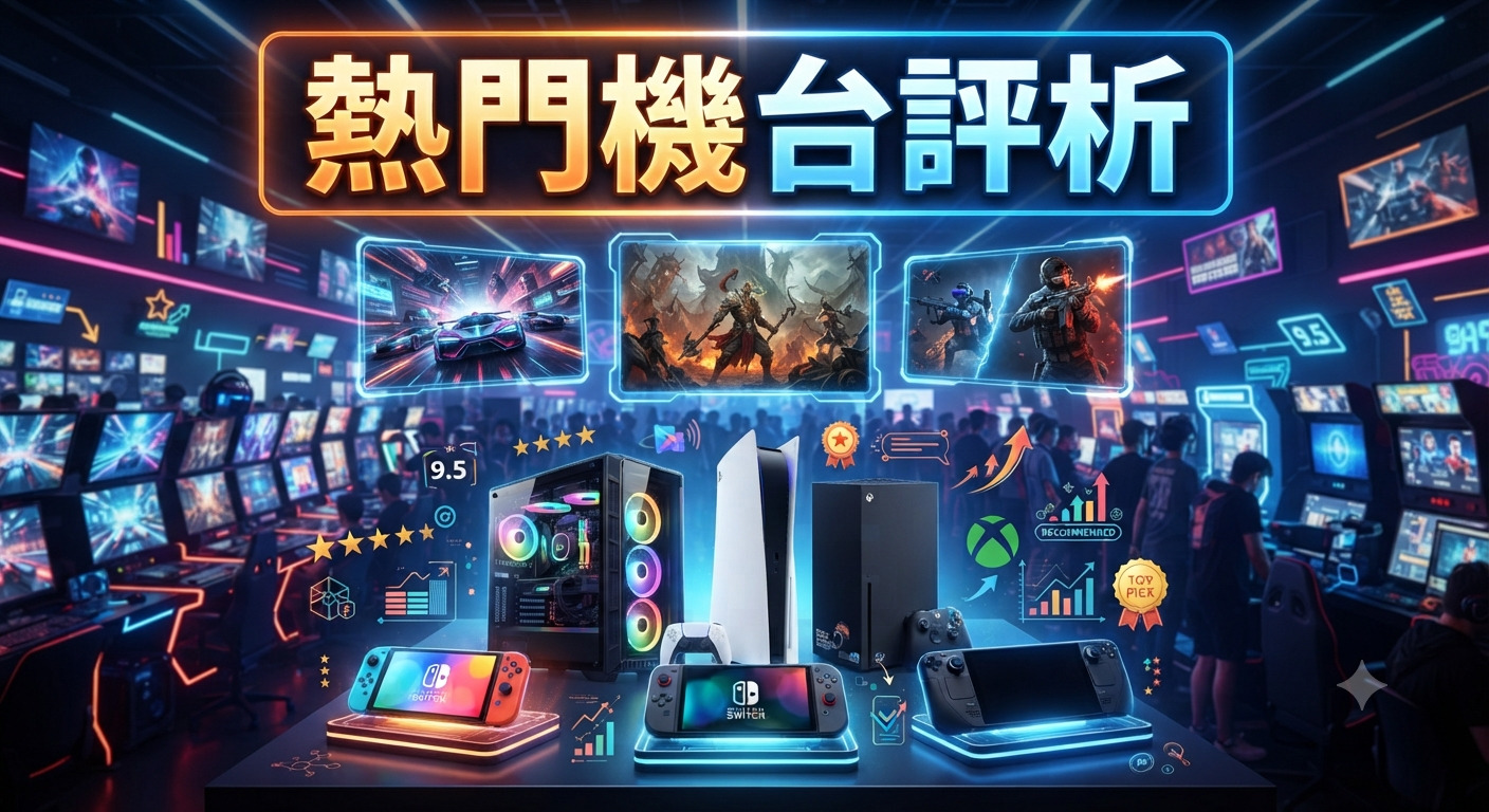 這張圖片以未來感十足的遊戲廳為背景,展示了多款熱門電玩主機與設備。 畫面中央清晰呈現了「熱門機台評析」的標題,象徵著對當前遊戲硬體的專業評測與分析。