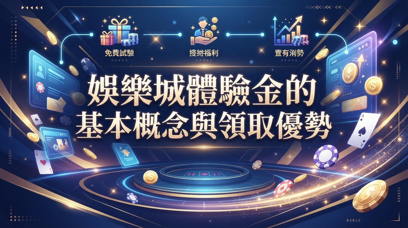 這是一張以「娛樂城體驗金的基本概念與領取優勢」為主題的精美宣傳圖片。 畫面融合了科技感與博弈元素,並以醒目的繁體中文標題突顯核心內容。