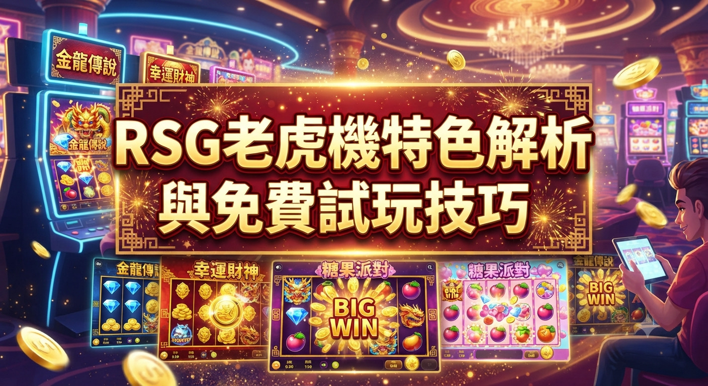 圖片展示了豪華賭場背景與RSG老虎機畫面,正中央醒目標示著「RSG老虎機特色解析與免費試玩技巧」的主標題。 整體設計結合了金幣特效與遊戲介面,呈現出豐富且吸引人的老虎機主題視覺風格。