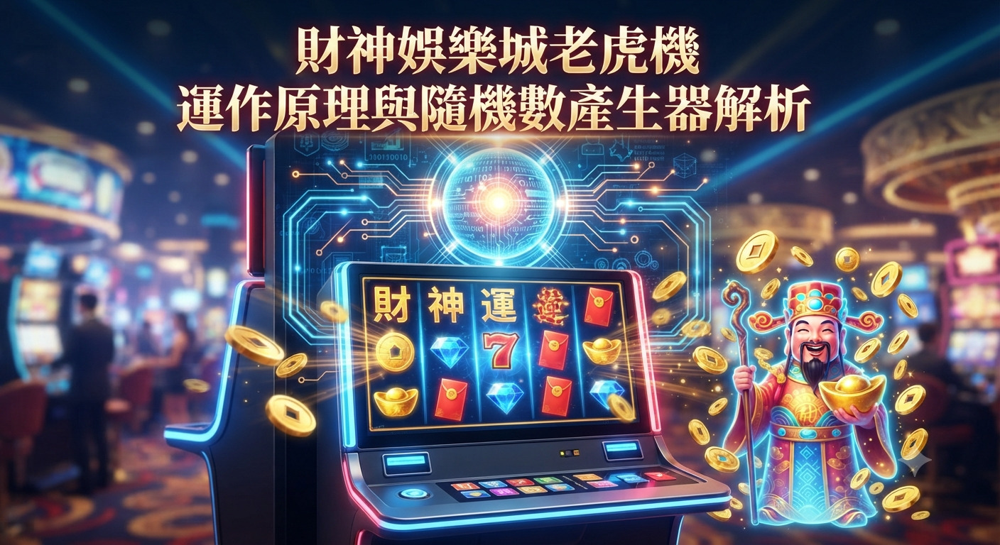圖片展示了一台結合財神元素與數位科技感的老虎機，背景為璀璨的娛樂城場景。 畫面正上方清晰呈現繁體中文主標題，突顯隨機數產生器與運作原理的解析主題。