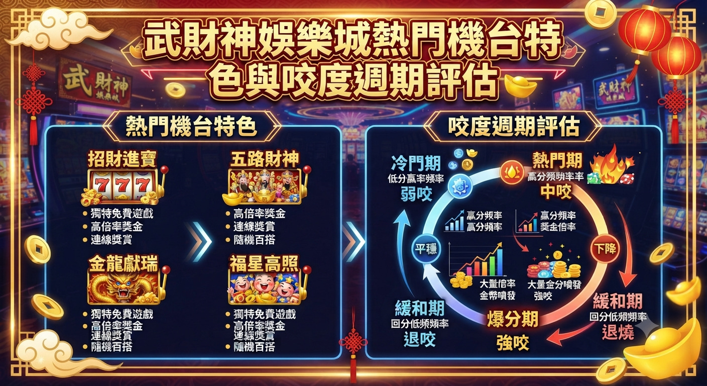這張圖片展示了武財神娛樂城熱門機台的特色介紹。 同時右側也詳細分析了這些機台的咬度週期評估。