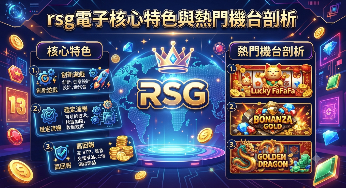 這是一張關於RSG電子核心特色與熱門機台剖析的主題圖片。 畫面採用科技感與遊戲風格設計，突顯出RSG品牌及相關分析內容。