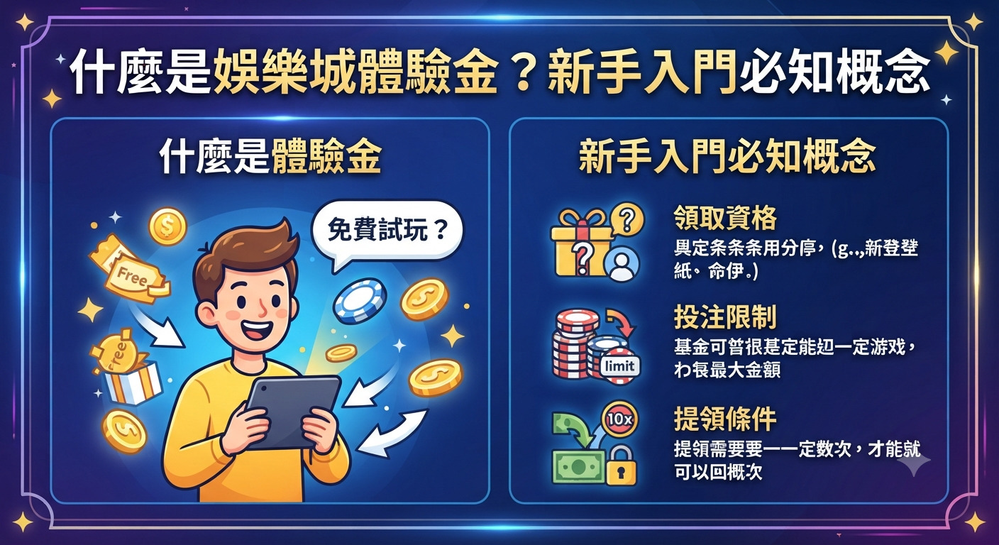 這是一張以「什麼是娛樂城體驗金？新手入門必知概念」為主題的資訊圖表。 圖片採用藍色科技風格設計，上方為標題，下方則區分為免費試玩與新手入門概念解說區塊。