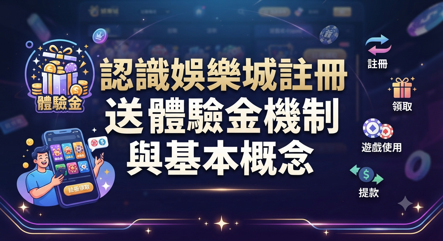 這是一張介紹娛樂城註冊送體驗金機制與基本概念的宣傳圖，主標題清晰醒目。 畫面結合了數位遊戲介面、禮物盒與籌碼元素，呈現出線上娛樂城的領取流程與主題。