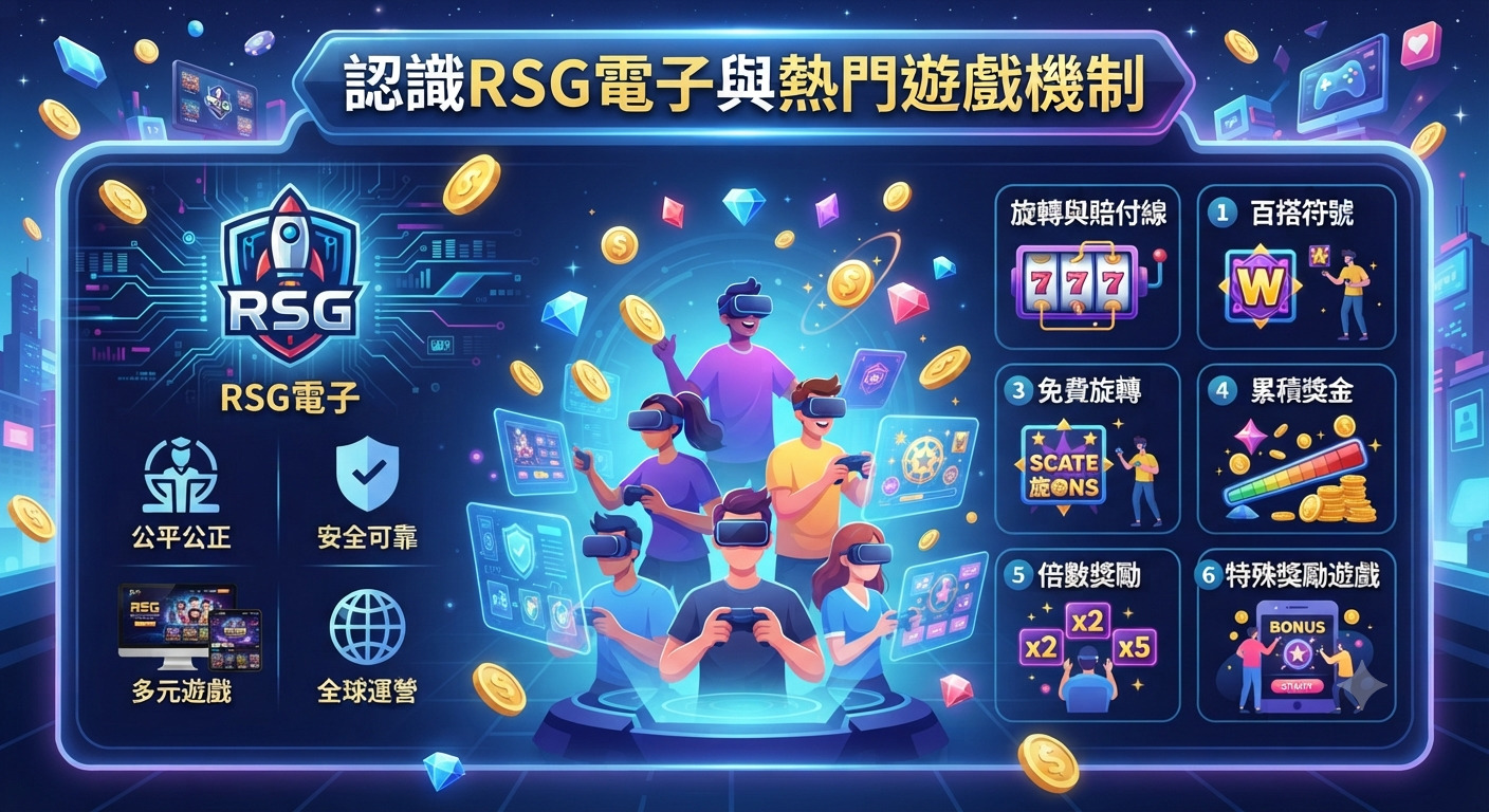 圖片展示了RSG電子的主題介面,頂部醒目地標示著「認識RSG電子與熱門遊戲機制」的主標題。 畫面中融合了數位科技元素、虛擬實境玩家以及多種遊戲機制圖示,營造出科技感十足的遊戲世界。