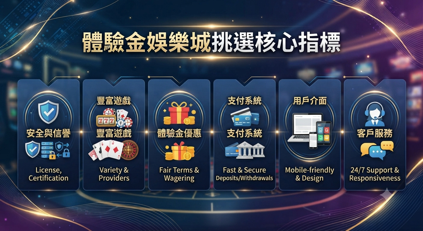 這張圖片展示了挑選體驗金娛樂城的六大核心指標。 畫面採用精緻的深藍色背景與金色線條,突顯專業與質感。