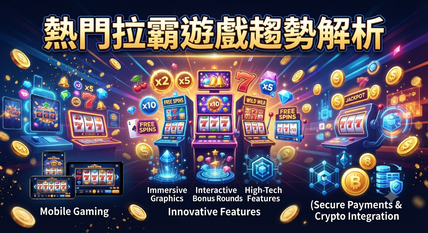 這張圖片展示了現代拉霸遊戲的多元趨勢,背景充滿了老虎機、金幣與科技感元素。 畫面正上方以醒目的大字標示了主題「熱門拉霸遊戲趨勢解析」。