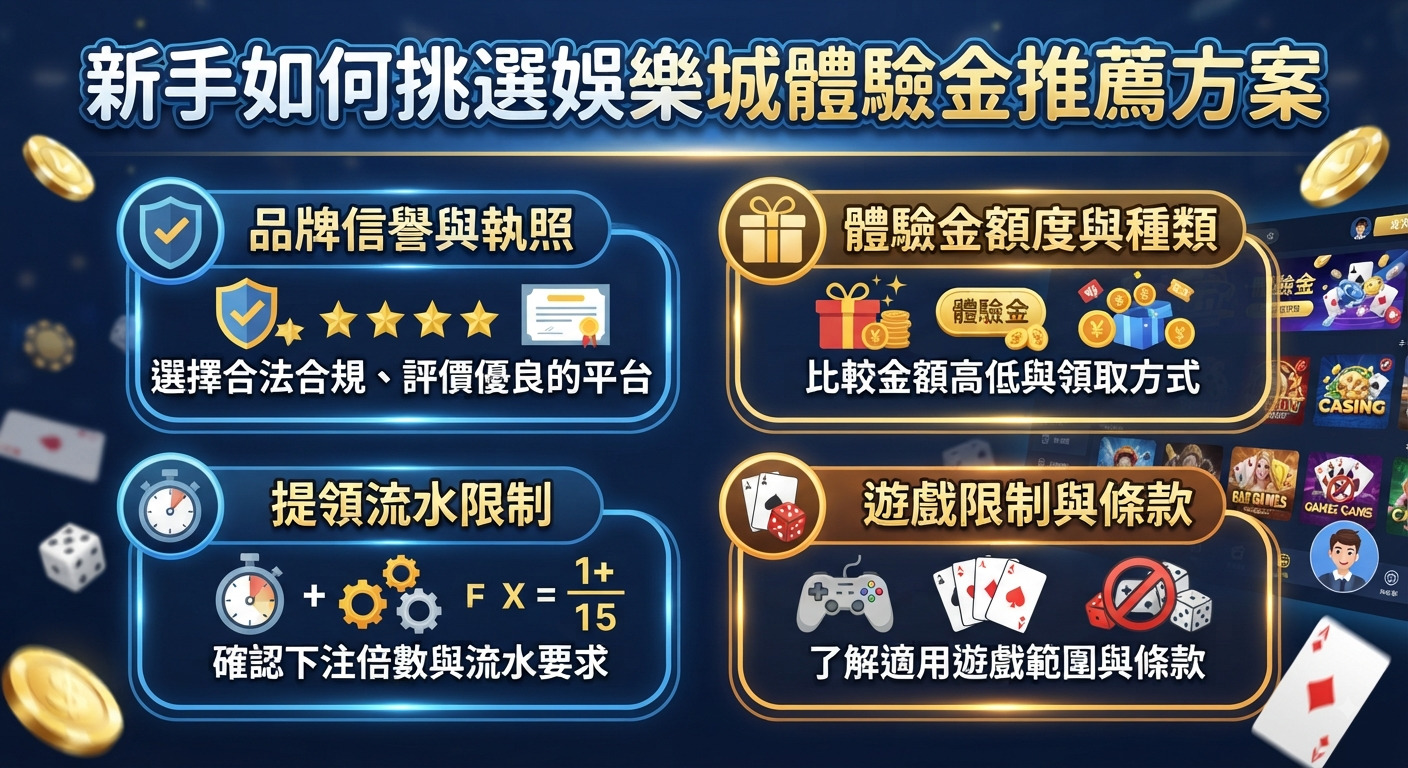 這張圖片的主題是新手如何挑選娛樂城體驗金推薦方案。 畫面展示了挑選時需注意的關鍵要素與相關圖示。