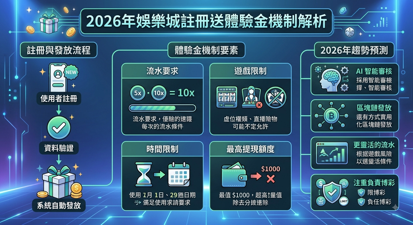 一張具有科技感的藍色主題圖解,清晰展示了2026年娛樂城註冊體驗金的發放流程與核心機制。 畫面結合了金幣、禮物盒與數據圖表等元素,並以嚴謹且現代化的排版呈現趨勢分析。