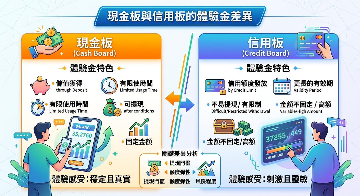 這張圖表對比了現金版與信用版體驗金的差異,採用左右雙欄設計並搭配清晰的圖解。 整體視覺風格簡潔明瞭,幫助用戶快速理解兩者在特色與體驗上的不同之處。