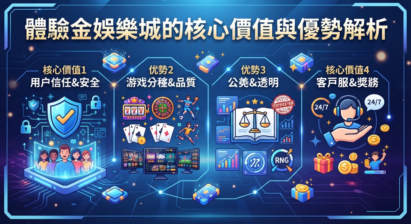 這張圖片展示了「體驗金娛樂城的核心價值與優勢解析」的主題,並透過科技感藍色調背景與四大核心板塊圖示呈現。
