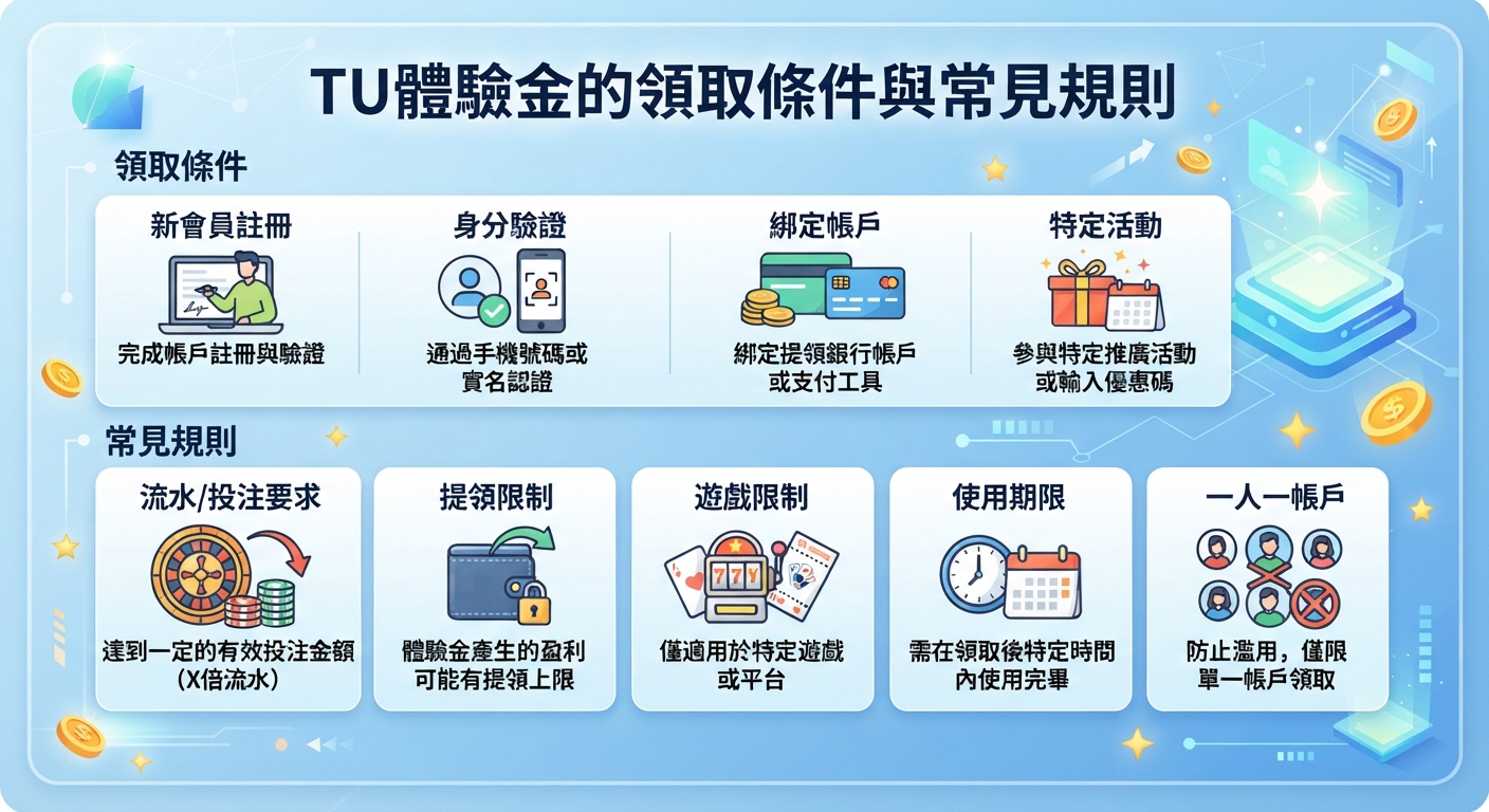 這張圖片以「TU體驗金的領取條件與常見規則」為標題,清晰列出了領取資格與相關的使用限制。 畫面透過簡潔的圖標與區塊設計,完整呈現了新會員註冊、身分驗證以及流水投注等重點規則。